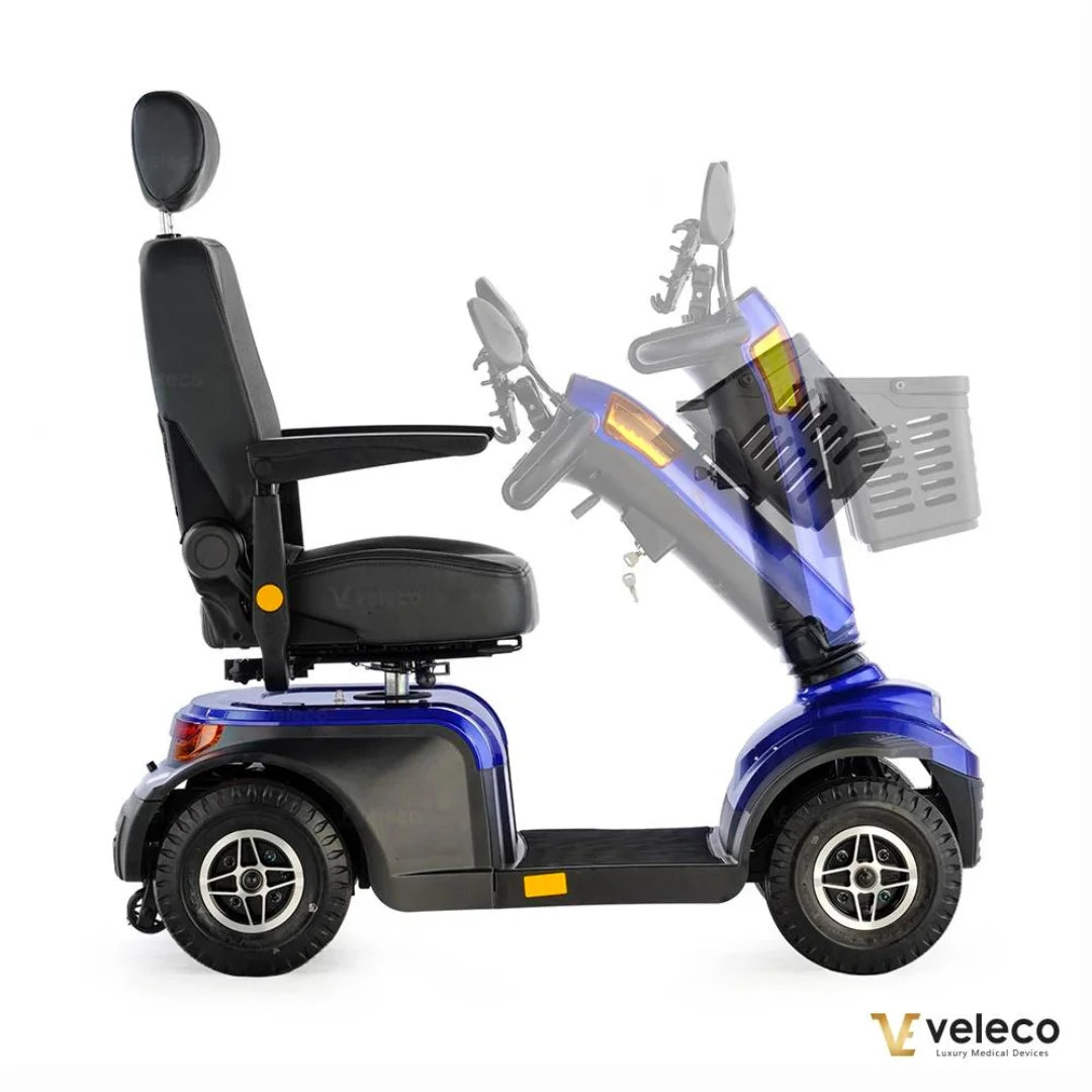 Stranski pogled električnega mobilnega vozička Veleco Looper, ki prikazuje njegove nastavljive funkcije.