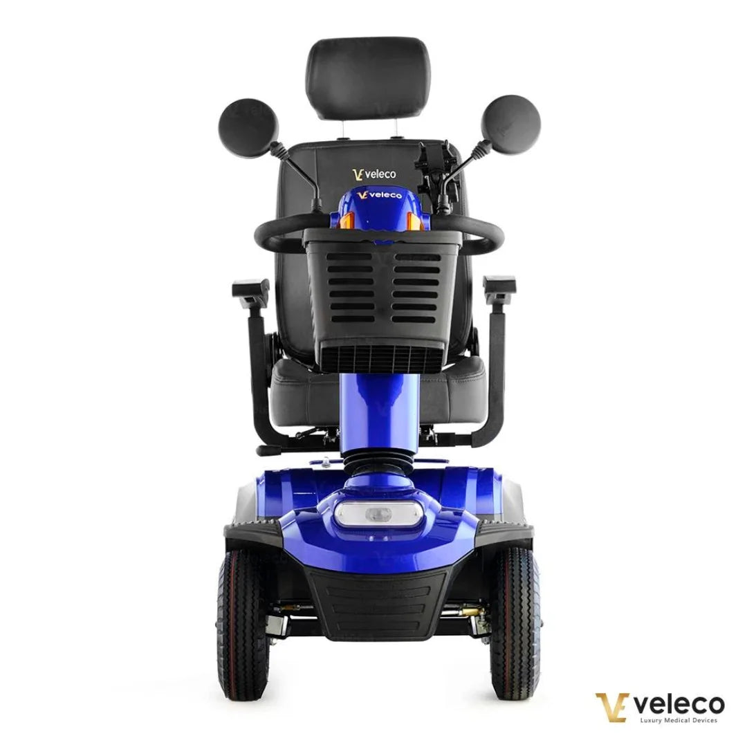 Sprednji pogled električnega mobilnega vozička Veleco Looper v modri barvi z udobnim sedežem.
