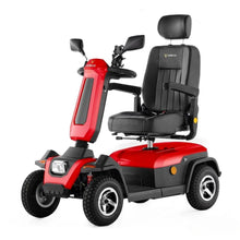 Rdeč električni mobilni voziček Veleco Sharpy z udobnim sedežem in robustnimi kolesi.