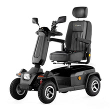 Električni mobilni voziček Veleco Sharpy z elegantno črno obliko in udobnim sedežem.