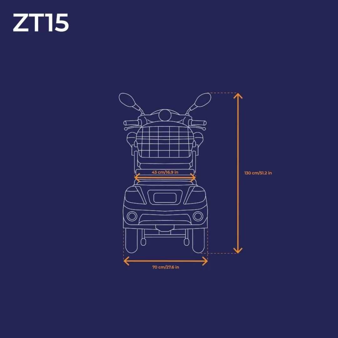 Izdelek je električni mobilni voziček, model ZT15. Na sliki je prikazana tehnična risba vozička z dimenzijami, ki vključujejo višino, širino in dolžino. Voziček ima sprednje ročaje in mrežasto zaščito, kar nakazuje na uporabnost in udobje pri vožnji.