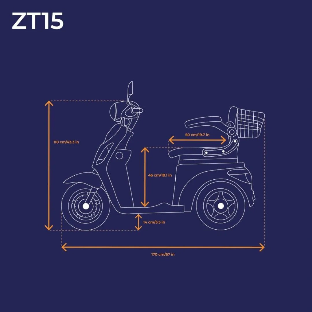 Izdelek je električni mobilni voziček, model ZT15. Na sliki je prikazana tehnična risba vozička s prikazanimi dimenzijami, ki vključujejo višino, dolžino in širino. Voziček ima udoben sedež in sprednji koš za shranjevanje, kar ga naredi primernega za prevoz uporabnikov, ki potrebujejo pomoč pri mobilnosti.