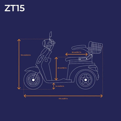 Izdelek je električni mobilni voziček, model ZT15. Na sliki je prikazana tehnična risba vozička s prikazanimi dimenzijami, ki vključujejo višino, dolžino in širino. Voziček ima udoben sedež in sprednji koš za shranjevanje, kar ga naredi primernega za prevoz uporabnikov, ki potrebujejo pomoč pri mobilnosti.