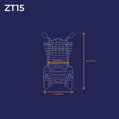 Diagram električnega mobilnega vozička Veleco ZT15 z dimenzijami in orisom zasnove.