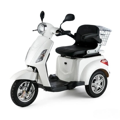 Električni mobilni voziček Veleco ZT15 v beli barvi, z košaro in udobnim sedežem.