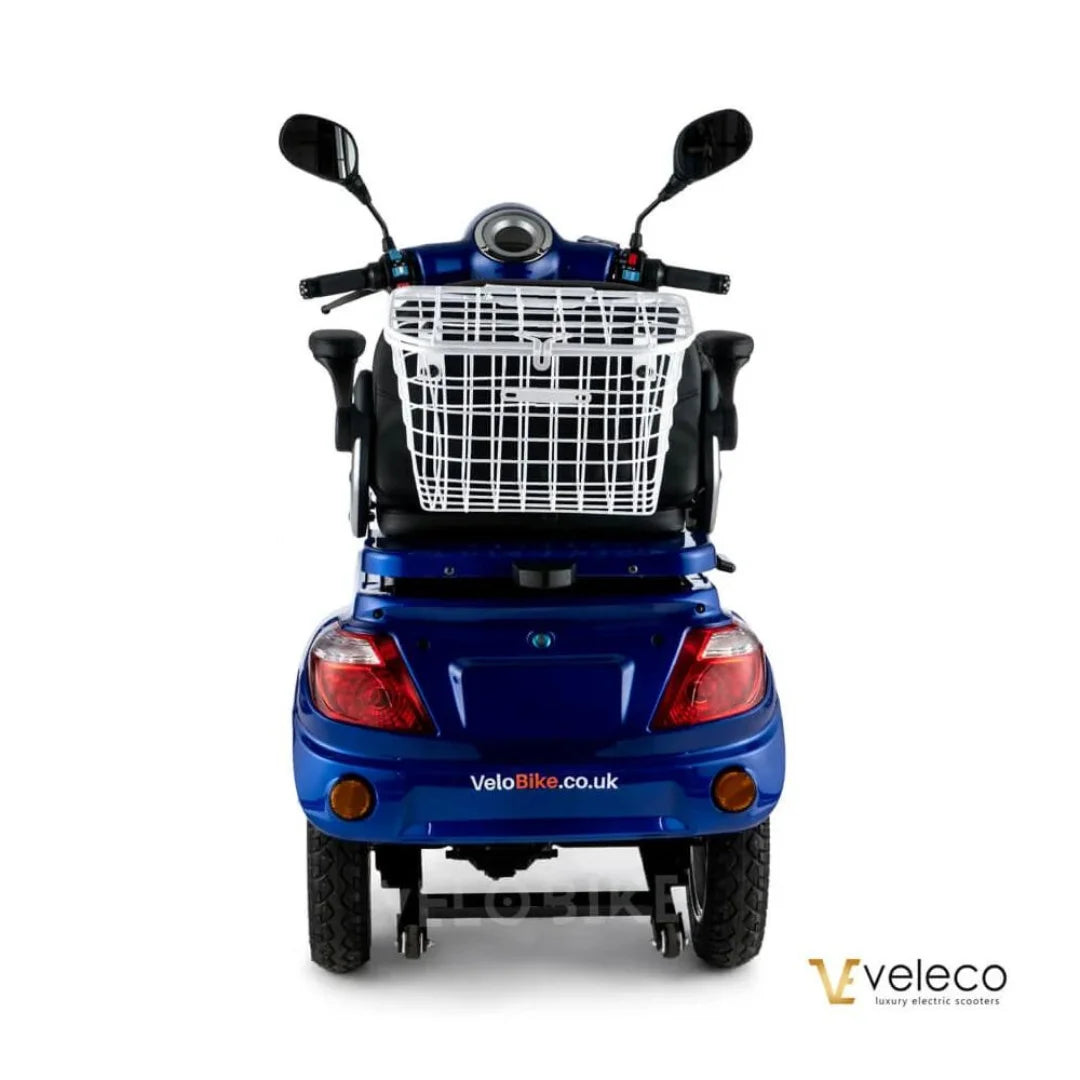 Moder električni mobilni voziček Veleco ZT15 s sprednjo košaro in vzvratnim ogledalom.