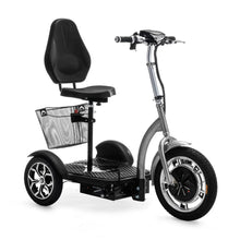 Izdelek je električni mobilni voziček, model Veleco ZT16. Na sliki je prikazan voziček s širokim podnožjem, udobnim sedežem in ročaji za upravljanje. Ima tri kolesa, kar zagotavlja stabilnost, ter mrežasto košaro za shranjevanje. Zasnova je moderna in praktična za uporabo v mestnih okoljih.