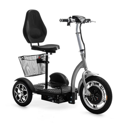 Izdelek je električni mobilni voziček, model Veleco ZT16. Na sliki je prikazan voziček s širokim podnožjem, udobnim sedežem in ročaji za upravljanje. Ima tri kolesa, kar zagotavlja stabilnost, ter mrežasto košaro za shranjevanje. Zasnova je moderna in praktična za uporabo v mestnih okoljih.