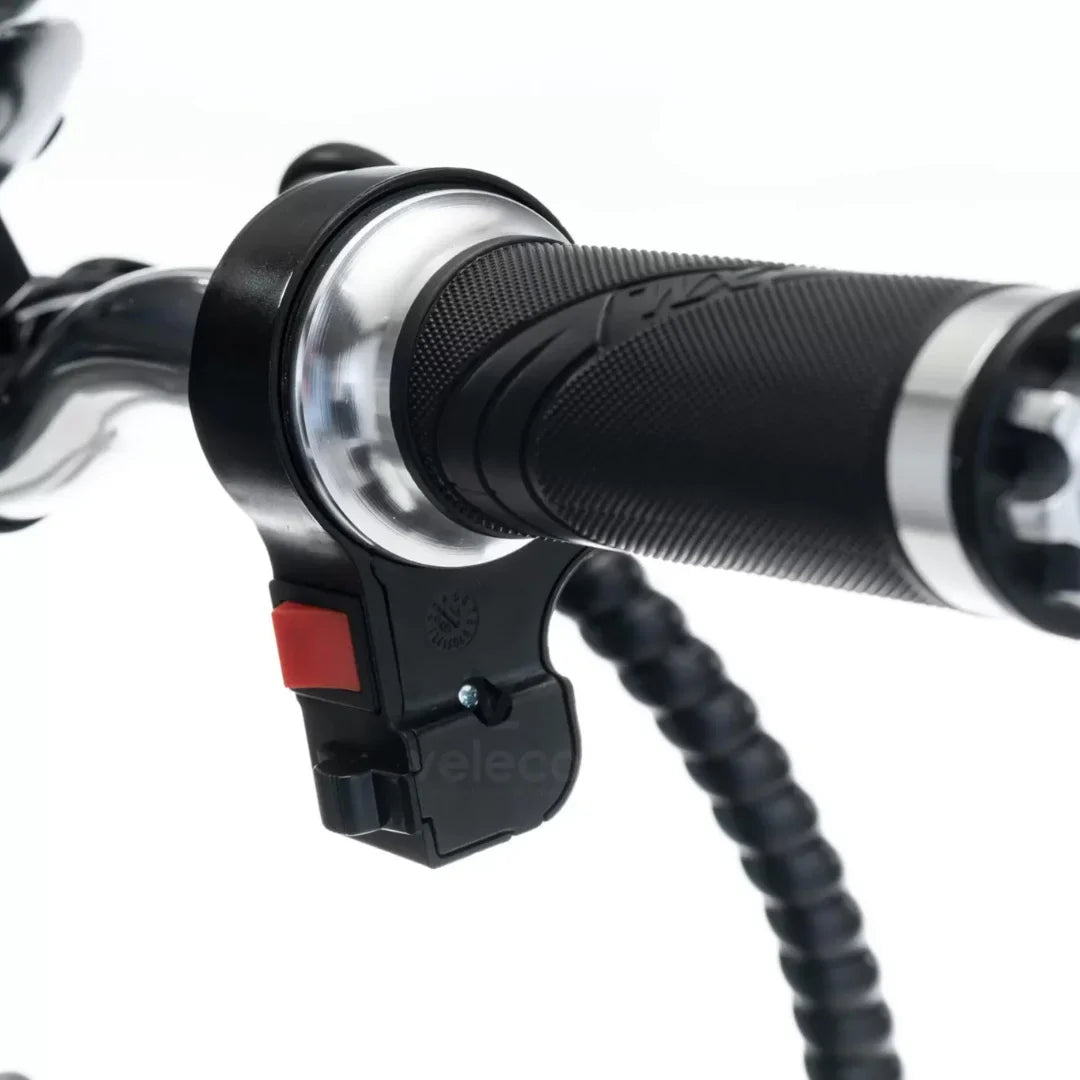 Electric Mobility Scooter Veleco Zt16 features a detailed handlebar with throttle control and textured grips.