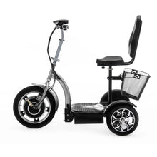 Izdelek je električni mobilni voziček, model Veleco ZT16. Na sliki je prikazan voziček s širokimi kolesi, udobnim sedežem in ročajem za upravljanje. Ima tudi košarico za shranjevanje, kar povečuje njegovo funkcionalnost. Oblika je moderna in praktična, kar omogoča enostavno manevriranje.