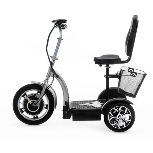 Izdelek je električni mobilni voziček, model Veleco ZT16. Na sliki je prikazan voziček s širokimi kolesi, udobnim sedežem in ročajem za upravljanje. Ima tudi košarico za shranjevanje, kar povečuje njegovo funkcionalnost. Oblika je moderna in praktična, kar omogoča enostavno manevriranje.