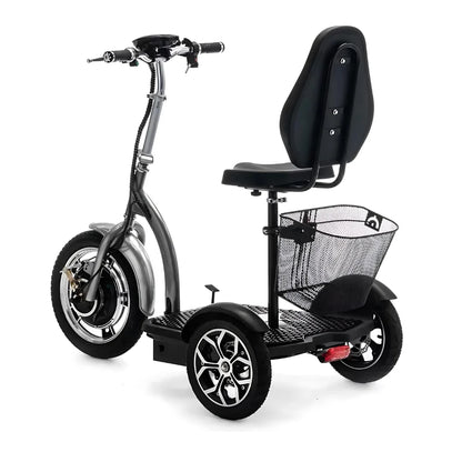 Izdelek je električni mobilni voziček, model Veleco ZT16. Na sliki je prikazan voziček s tremi kolesi, ki ima udobno sedežno mesto in krmilo. Na zadnjem delu je mrežasta košara za shranjevanje, kar omogoča enostavno prevažanje manjših predmetov. Voziček je zasnovan za udobno in varno vožnjo.