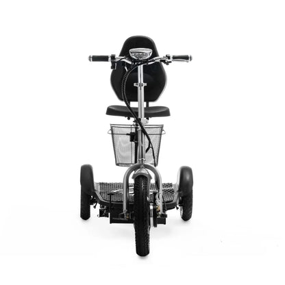 Izdelek je električni mobilni voziček, model Veleco ZT16. Na sliki je prikazan sprednji del vozička, ki ima udobno sedežno mesto in krmilo. Vidna je tudi kovinska košara spredaj, ki omogoča shranjevanje manjših predmetov. Voziček ima široke pnevmatike, kar zagotavlja stabilnost in udobno vožnjo.