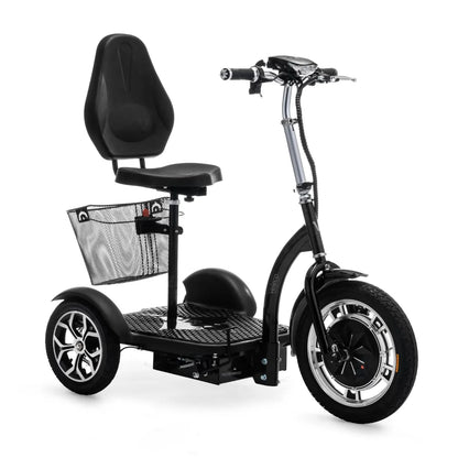 Izdelek na sliki je električni mobilni voziček, model Veleco ZT16. Na sliki je prikazan voziček s široko platformo, udobnim sedežem in prednjo košaro za shranjevanje. Ima tri kolesa, kar zagotavlja stabilnost, ter upravljalne ročice za enostavno vožnjo. Barva vozička je črna, kar mu daje sodoben videz.