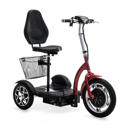 Izdelek na sliki je električni mobilni voziček, model Veleco ZT16. Ima udoben sedež in široko platformo za stojanje, kar omogoča enostavno uporabo. Na zadnji strani je mrežna košara za shranjevanje, spredaj pa so vidne velike kolesa, kar zagotavlja stabilnost in udobno vožnjo. Barva vozička je rdeča, kar mu daje privlačen videz.