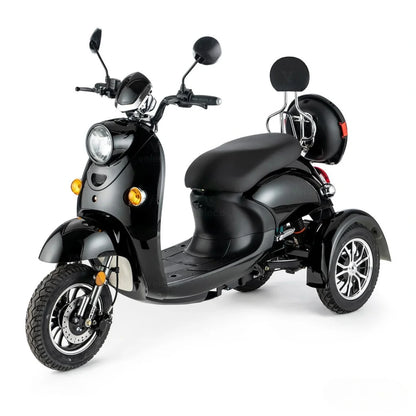 Električni mobilni voziček Veleco ZT63 v črni barvi, s tremi kolesi in elegantno obliko.