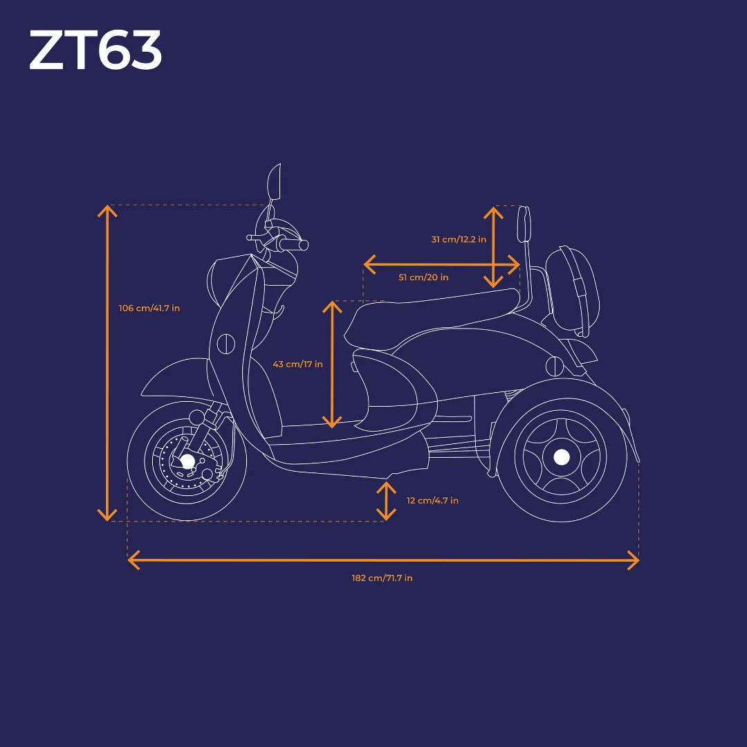 Izdelek je električni mobilni voziček, model ZT63. Na sliki so prikazane dimenzije vozička, ki vključujejo višino, širino in dolžino. Voziček ima tri kolesa, kar zagotavlja stabilnost, in je zasnovan za udobno vožnjo. Na sliki so tudi označene ključne mere, kar omogoča lažje razumevanje velikosti izdelka.