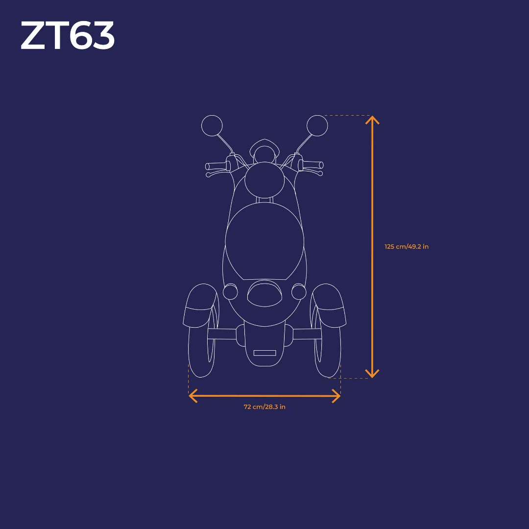 Ilustracija električnega mobilnega vozička Veleco ZT63 z označenimi dimenzijami.