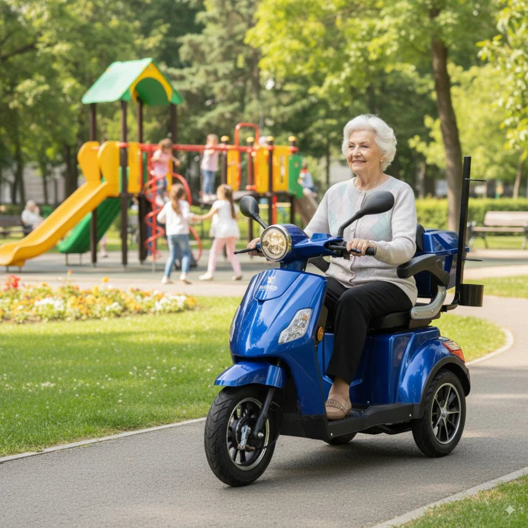 Izdelek na sliki je električni skuter, model Veleco Draco. Na sliki vidimo starejšo žensko, ki vozi skuter po parkovni poti, obkroženem z zelenjem in otroškim igriščem v ozadju. Skuter je modre barve in ima udobno sedežno mesto ter prostoren prostor za shranjevanje.