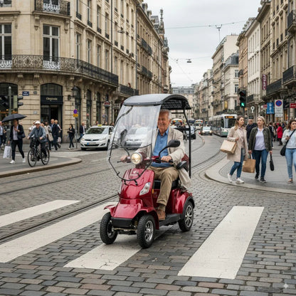 Izdelek je električni skuter, model Veleco Faster. Na sliki je vidna oseba, ki vozi rdeč električni skuter s streho in zaščitnim steklom. Scena se odvija na ulici, kjer so vidni pešci in avtomobili, kar nakazuje urbano okolje. Skuter je zasnovan za udobno in varno vožnjo, kar je še posebej primerno za starejše uporabnike.