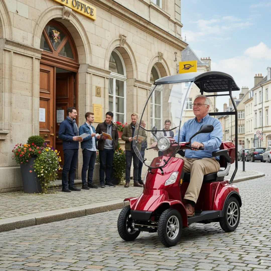 Izdelek na sliki je električni skuter, natančneje model Veleco Faster. Na sliki vidimo moškega, ki vozi rdeč električni skuter s kabino, medtem ko se v ozadju nahajajo skupina ljudi pred pošto. Scena je postavljena na ulici s tlakovci in cvetličnimi lonci, kar daje prijeten mestni ambient.