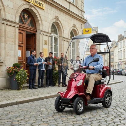 Izdelek na sliki je električni skuter, natančneje model Veleco Faster. Na sliki vidimo moškega, ki vozi rdeč električni skuter s kabino, medtem ko se v ozadju nahajajo skupina ljudi pred pošto. Scena je postavljena na ulici s tlakovci in cvetličnimi lonci, kar daje prijeten mestni ambient.