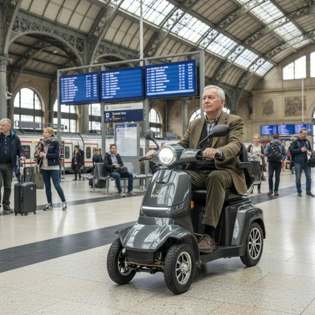 Na sliki je električni skuter, znamke Veleco, model Gravis. Izdelek je zasnovan za mobilnost in omogoča udobno vožnjo, kar je razvidno iz tega, da ga uporablja starejši moški v železniški postaji. Skuter ima tri kolesa, svetilko spredaj in je v temno sivi barvi, kar daje sodoben videz. V ozadju so vidni potniki in informacijski zasloni, kar nakazuje, da je prostor zelo prometen.