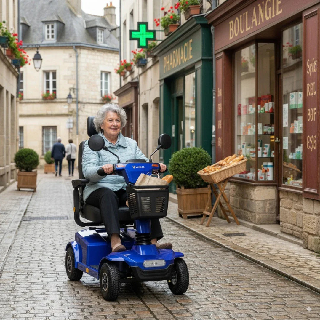 Izdelek na sliki je električni skuter, model Veleco Jumpy. Na sliki vidimo starejšo žensko, ki vozi skuter po slikoviti ulici. Skuter je modre barve in ima sprednji koš za shranjevanje, v katerem so vidni kruhi. V ozadju so trgovine, kar daje občutek mestnega okolja.