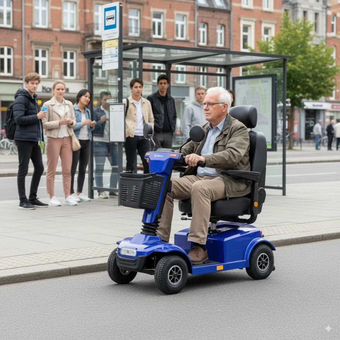 Izdelek na sliki je električni skuter, natančneje model Veleco Jumpy. Na sliki je videti starejšo osebo, ki vozi skuter po ulici, medtem ko se skupina mladih ljudi nahaja na avtobusni postaji v ozadju. Skuter je modre barve in ima udobno sedežno površino ter prostoren prednji koš za shranjevanje.