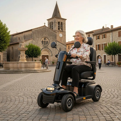 Izdelek na sliki je električni skuter, model Veleco Looper. Na sliki vidimo starejšo žensko, ki sedi na skuterju v mestnem okolju, obkrožena z zgodovinskimi stavbami in fontano. Skuter ima udoben sedež, krmilo z ogledali in je zasnovan za enostavno mobilnost.