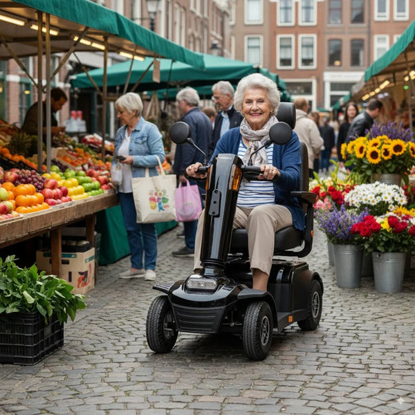 Izdelek na sliki je električni skuter, model Veleco Looper. Na sliki vidimo starejšo žensko, ki se vozi po tržnici, obdani s stojnicami z zelenjavo in cvetjem. Skuter ima udoben sedež in je zasnovan za enostavno manevriranje v mestnem okolju. V ozadju so drugi obiskovalci tržnice, kar ustvarja živahno vzdušje.