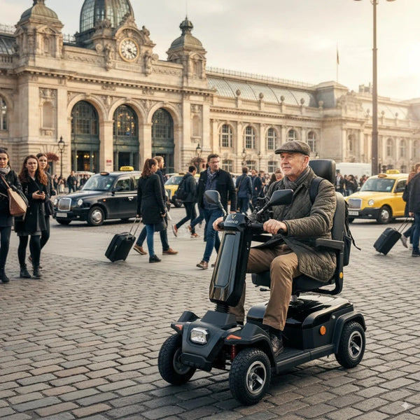 Na sliki je električni skuter, model Veleco Sharpy. Izdelek je zasnovan za mobilnost in omogoča udobno vožnjo, kar je razvidno iz širokega sedeža in ergonomske zasnove. Oseba, ki vozi skuter, je oblečena v zimsko jakno in klobuk, medtem ko se v ozadju vidi mestna scena z ljudmi in avtomobili.