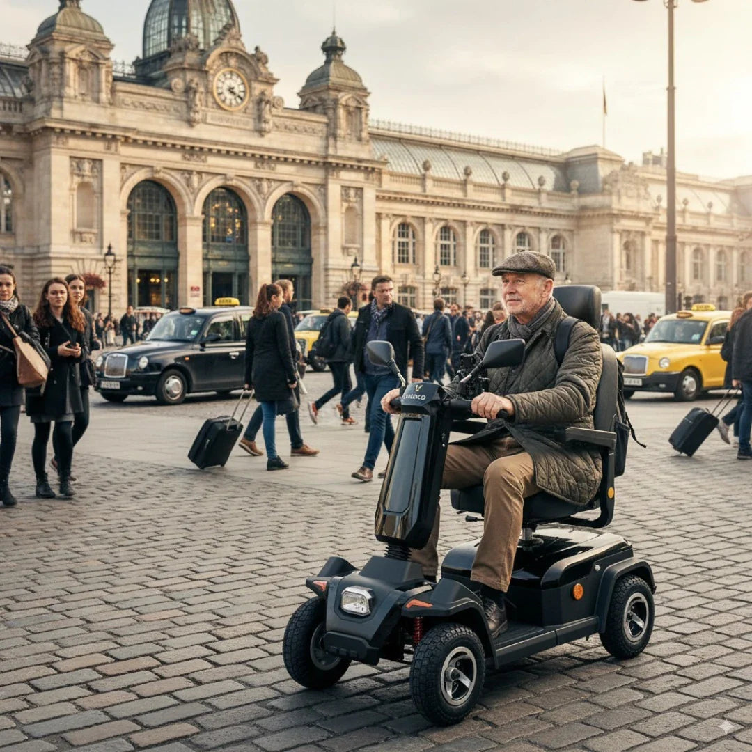 Na sliki je električni skuter, model Veleco Sharpy. Izdelek je zasnovan za mobilnost in omogoča udobno vožnjo, kar je razvidno iz širokega sedeža in ergonomske zasnove. Oseba, ki vozi skuter, je oblečena v zimsko jakno in klobuk, medtem ko se v ozadju vidi mestna scena z ljudmi in avtomobili.
