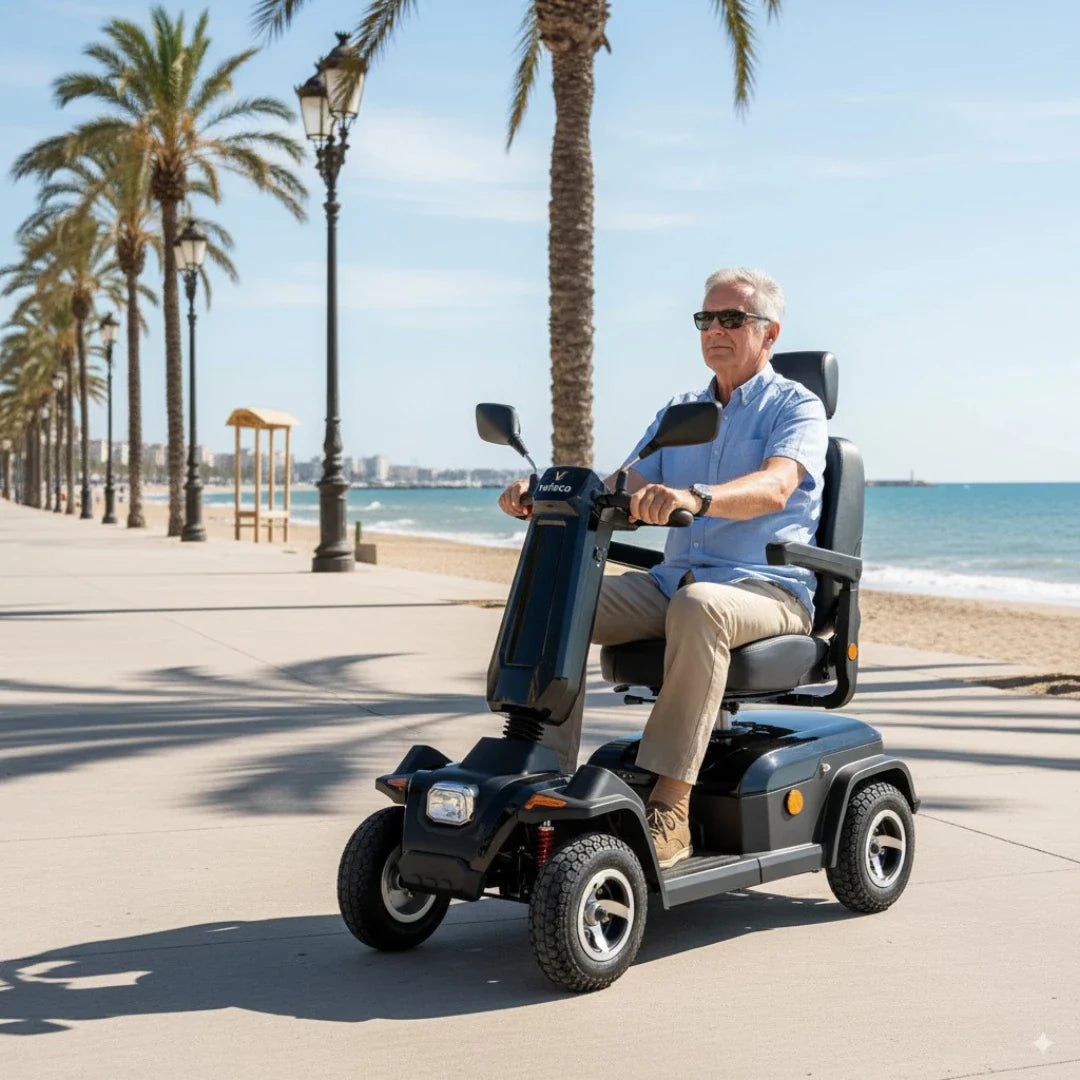 Izdelek na sliki je električni skuter, model Veleco Sharpy. Na sliki vidimo moškega, ki vozi skuter ob obali, obdanega s palmami in morjem v ozadju. Skuter ima udobno sedežno površino in je zasnovan za enostavno mobilnost.