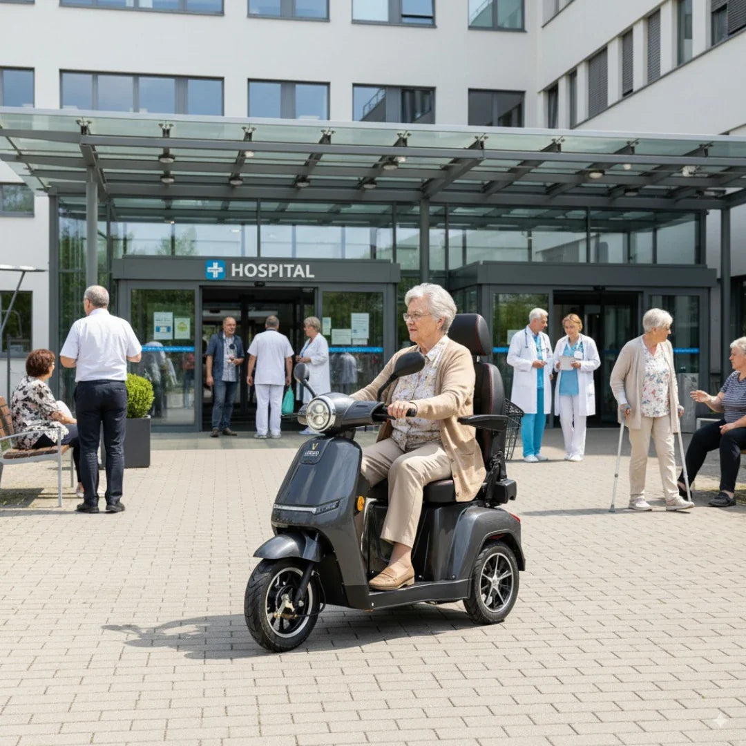 Izdelek na sliki je električni mobilni voziček, model Veleco Turris. Na sliki vidimo starejšo osebo, ki vozi voziček pred vhodom v bolnišnico. Okoli nje so drugi ljudje, nekateri v belih haljah, kar nakazuje, da je prizorišče zdravstvena ustanova. Voziček ima udoben sedež in je zasnovan za enostavno premikanje.