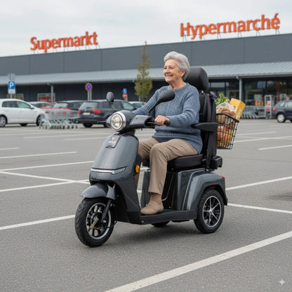 Izdelek na sliki je električni mobilni voziček, model Veleco Turris. Na sliki vidimo starejšo osebo, ki vozi voziček po parkirišču pred supermarketom. Voziček ima udobno sedežno površino in košarico za nakupe, kar omogoča enostavno prevažanje stvari. Ozadje prikazuje supermarket, kar nakazuje na praktičnost vozička pri nakupovanju.