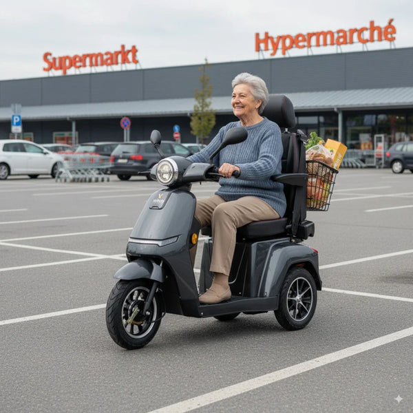 Izdelek na sliki je električni mobilni voziček, model Veleco Turris. Na sliki vidimo starejšo osebo, ki vozi voziček po parkirišču pred supermarketom. Voziček ima udobno sedežno površino in košarico za nakupe, kar omogoča enostavno prevažanje stvari. Ozadje prikazuje supermarket, kar nakazuje na praktičnost vozička pri nakupovanju.