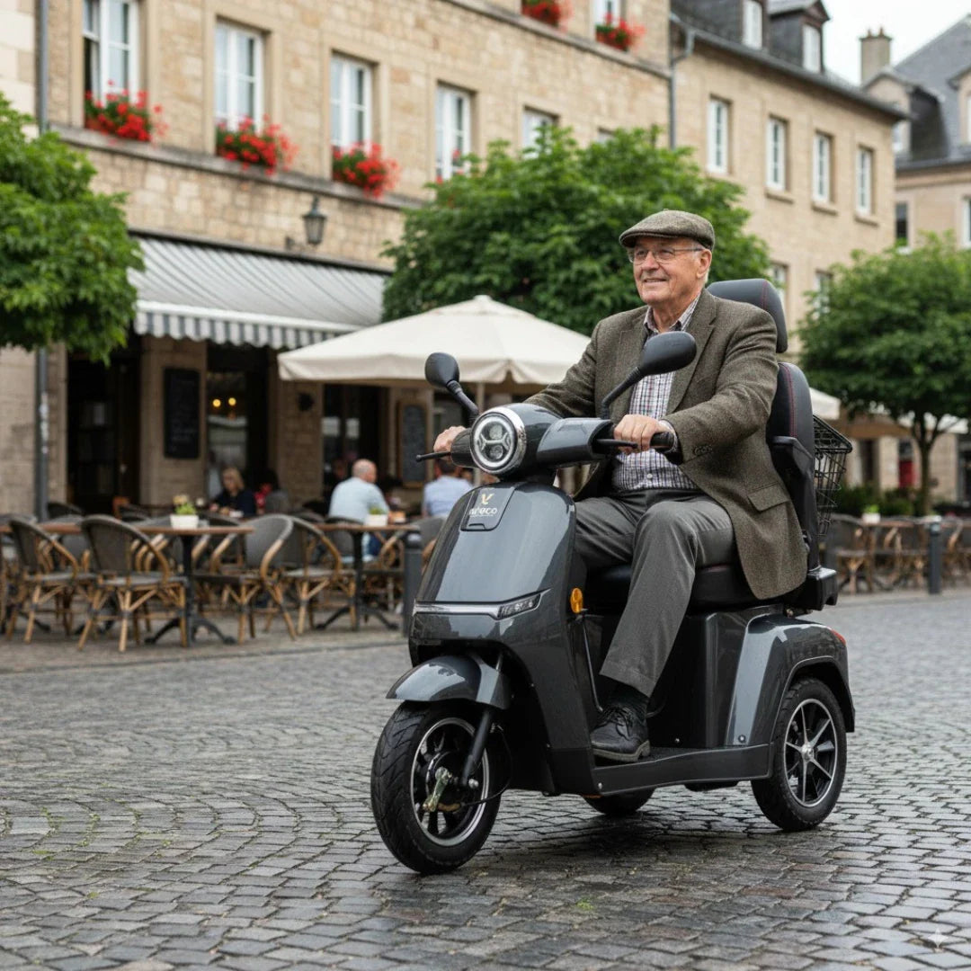 Izdelek na sliki je električni mobilni voziček, model Veleco Turris. Na sliki je videti starejšega moškega, ki vozi voziček po ulici, obdanem z restavracijami in zelenjem. Voziček ima tri kolesa, udobno sedežno površino in košaro za shranjevanje, kar ga naredi primernega za prevoz na kratkih razdaljah.