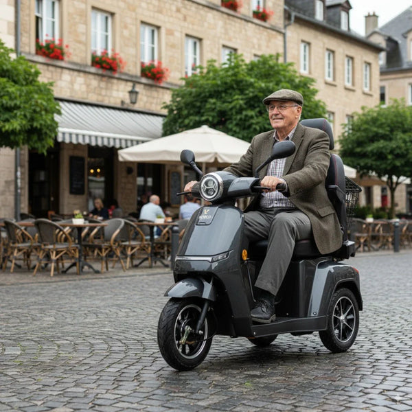 Izdelek na sliki je električni mobilni voziček, model Veleco Turris. Na sliki je videti starejšega moškega, ki vozi voziček po ulici, obdanem z restavracijami in zelenjem. Voziček ima tri kolesa, udobno sedežno površino in košaro za shranjevanje, kar ga naredi primernega za prevoz na kratkih razdaljah.