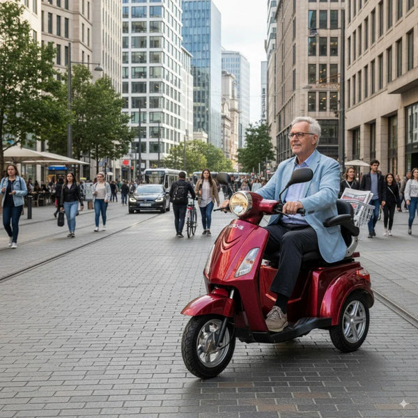Izdelek je električni mobilni voziček, model Veleco ZT15. Na sliki vidimo starejšega moškega, ki vozi rdeč voziček po mestni ulici, obdanem z moderno arhitekturo in pešci. Voziček ima tri kolesa in je opremljen s prednjo lučjo ter košarico za shranjevanje. V ozadju so vidni tudi drugi ljudje, ki se sprehajajo po ulici.
