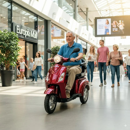 Izdelek je električni mobilni voziček, model Veleco ZT15. Na sliki je videti starejšo osebo, ki vozi voziček po nakupovalnem središču. Voziček je rdeče barve in ima tri kolesa, kar omogoča stabilno vožnjo. V ozadju so drugi obiskovalci trgovine, kar prikazuje uporabo vozička v javnem prostoru.