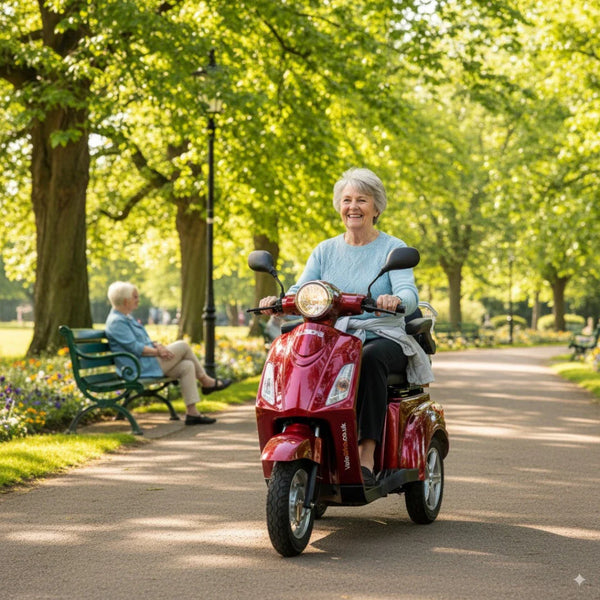 Izdelek na sliki je električni mobilni voziček, model Veleco ZT15. Na sliki vidimo srečno žensko, ki vozi voziček po parkovni poti med drevesi. V ozadju je še ena oseba, ki sedi na klopi. Voziček je rdeče barve in ima udoben sedež ter prednje luči. Scena je sončna in prijetna, kar nakazuje na sproščeno vožnjo.