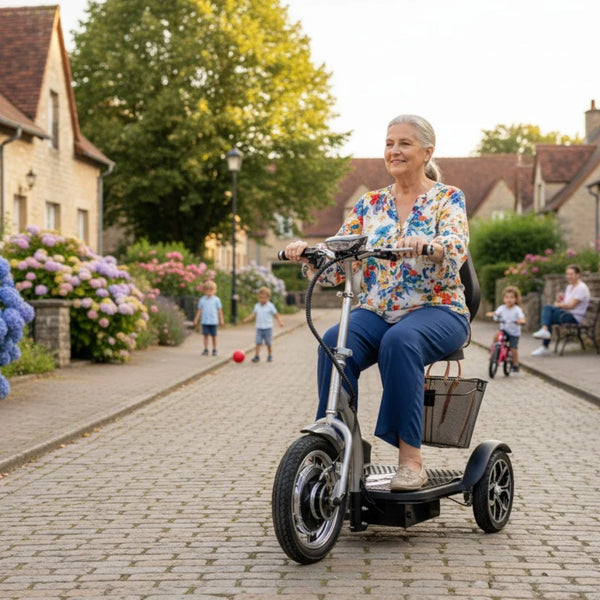 Izdelek je električni mobilni voziček, model Veleco ZT16. Na sliki je vidna starejša ženska, ki se vozi po slikoviti ulici na vozičku, obdanem z rožami in otroki, ki se igrajo. Voziček ima udoben sedež in košarico za shranjevanje, kar omogoča enostavno mobilnost in udobje pri vožnji.