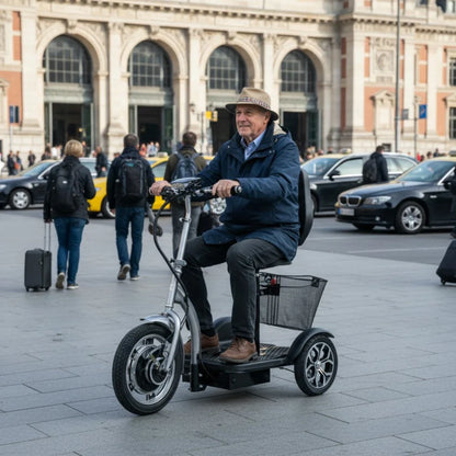 Izdelek na sliki je električni mobilni voziček, model Veleco ZT16. Na sliki vidimo starejšega moškega, ki vozi voziček po mestnem trgu. Voziček ima tri kolesa, udoben sedež in košarico za shranjevanje. V ozadju so vidni pešci in avtomobili, kar nakazuje urbano okolje.