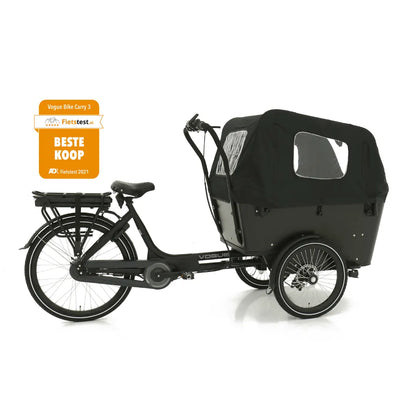Električno kolo Vogue Cargo 3 s črno tovorno škatlo in oznako nagrade Beste Koop.