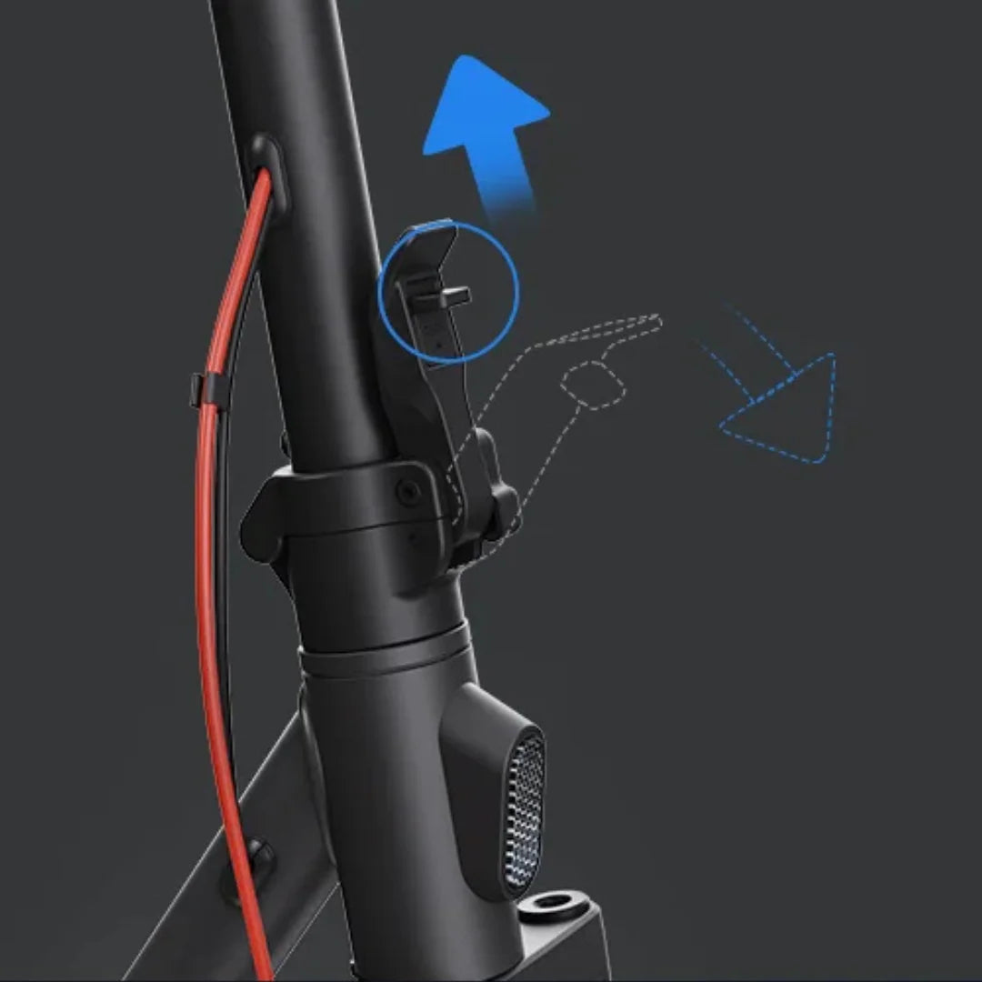 Izdelek je električni skiro znamke Xiaomi, model Elite. Na sliki je prikazan del skiroja, kjer je vidna povezava med ročajem in telesom skiroja, skupaj z rdečim kablom in delom za zaklepanje. Oznake na sliki nakazujejo na funkcionalnosti, povezane z nastavitvijo ali zlaganjem skiroja.