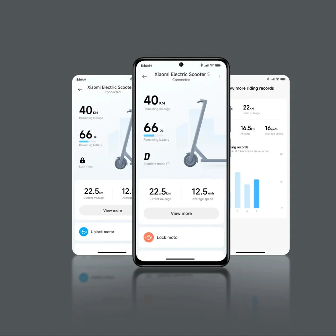 Trije zasloni pametnih telefonov prikazujejo statistične podatke za električni skiro Xiaomi 5 Max GL, vključno s hitrostjo in