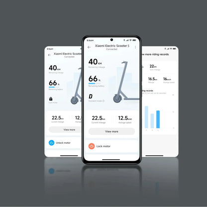 Trije zasloni pametnih telefonov prikazujejo statistične podatke za električni skiro Xiaomi 5 Max GL, vključno s hitrostjo in