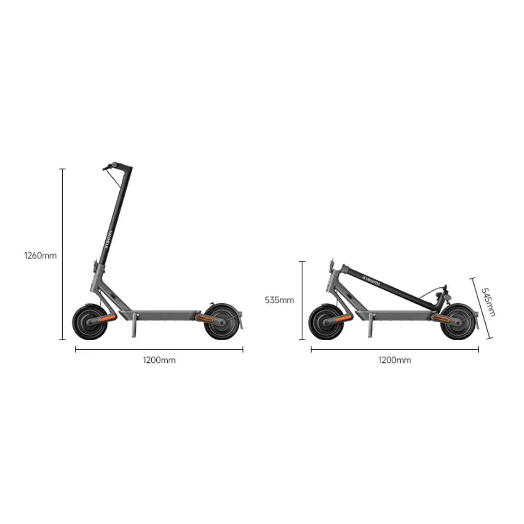 Dimenzije električnega skiroja Xiaomi 4 Ultra, prikazane v pokončnem in zloženem položaju.