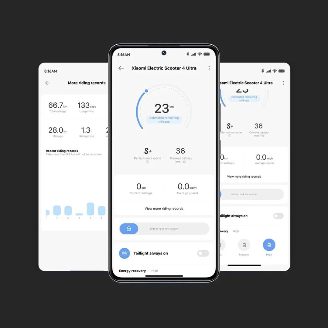 Zasloni, ki prikazujejo aplikacijo Xiaomi Električni skiro 4 Ultra s statistiko vožnje in nastavitvami.